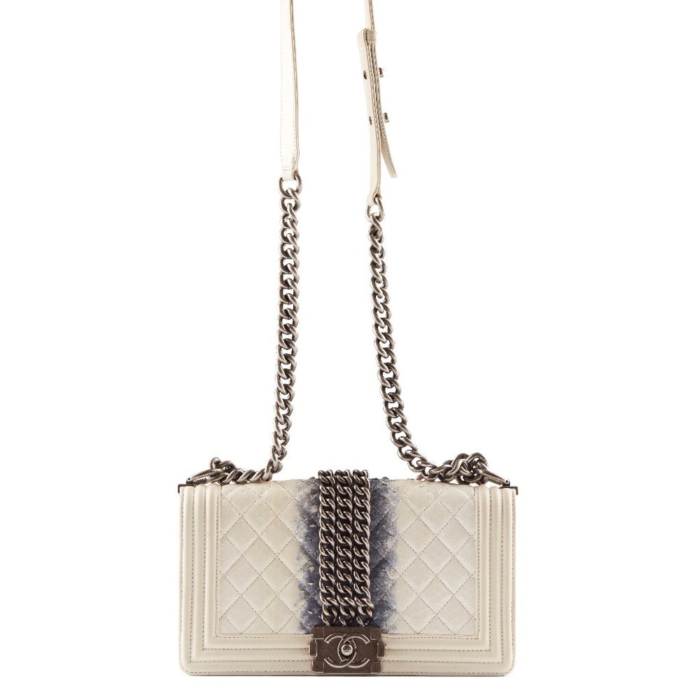 Chanel Boy Bag in Quilted White and Blue Python